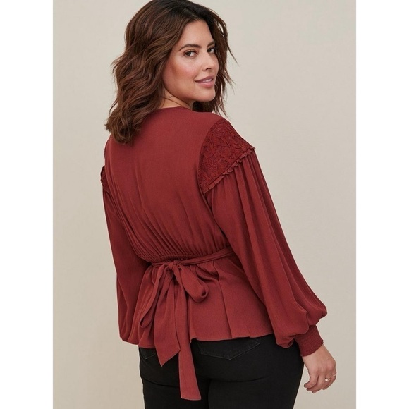 Torrid Crinkle Gauze Lace Inset Surplice Top - Madder Brown - Picture 3 of 8